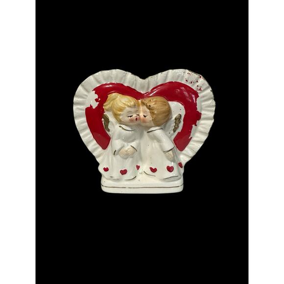 Vintage Lefton Valentines boy girl heart ceramic planter - Picture 1 of 9